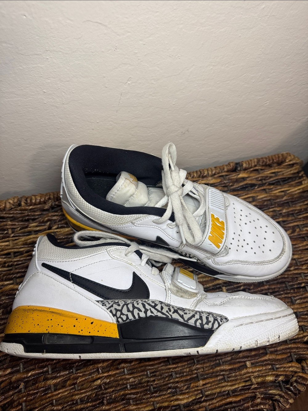 Nike Air Jordans White with Black Collar and Yellow Accents size 8